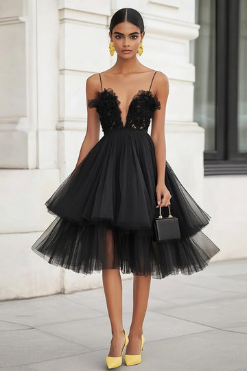 Black A Line Tiered Tulle Graduation Dress